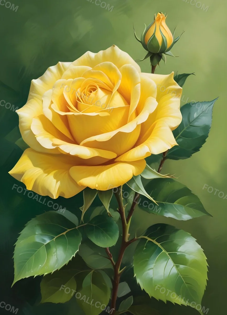A Yellow Rose In Bloom With Green Leaves Against A Blurred Green Background 3 F962