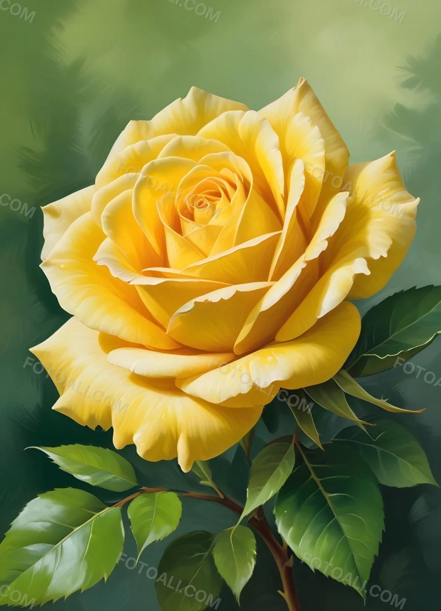 A Yellow Rose In Bloom With Green Leaves Against A Blurred Green Background 4 3df5