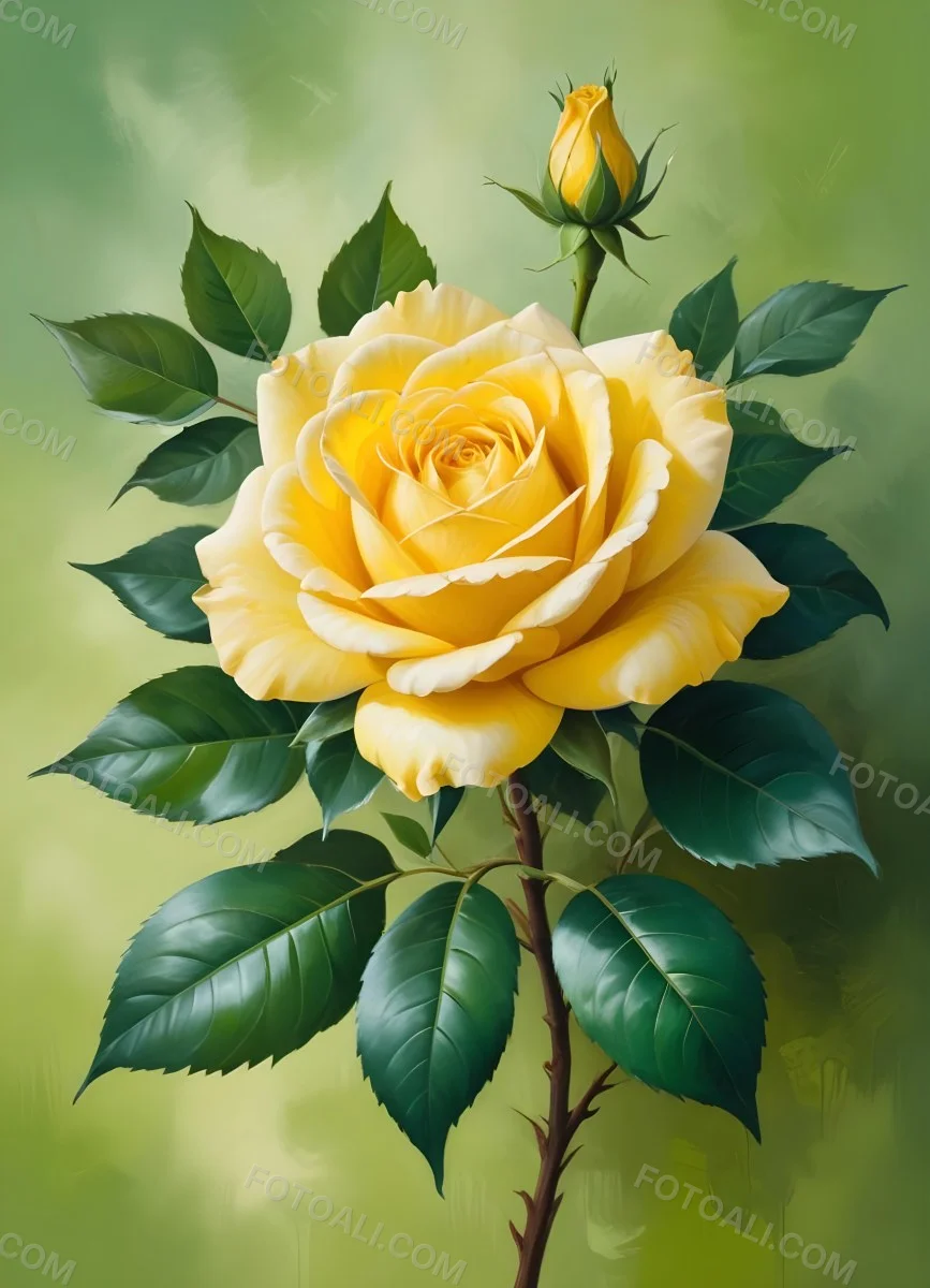 A Yellow Rose In Bloom With Green Leaves Against A Blurred Green Background 5 F1c0