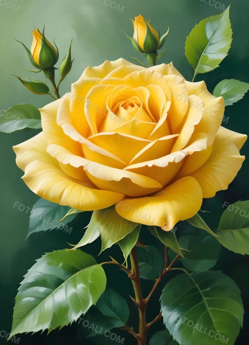 A Yellow Rose In Bloom With Green Leaves Against A Blurred Green Background 6 A099