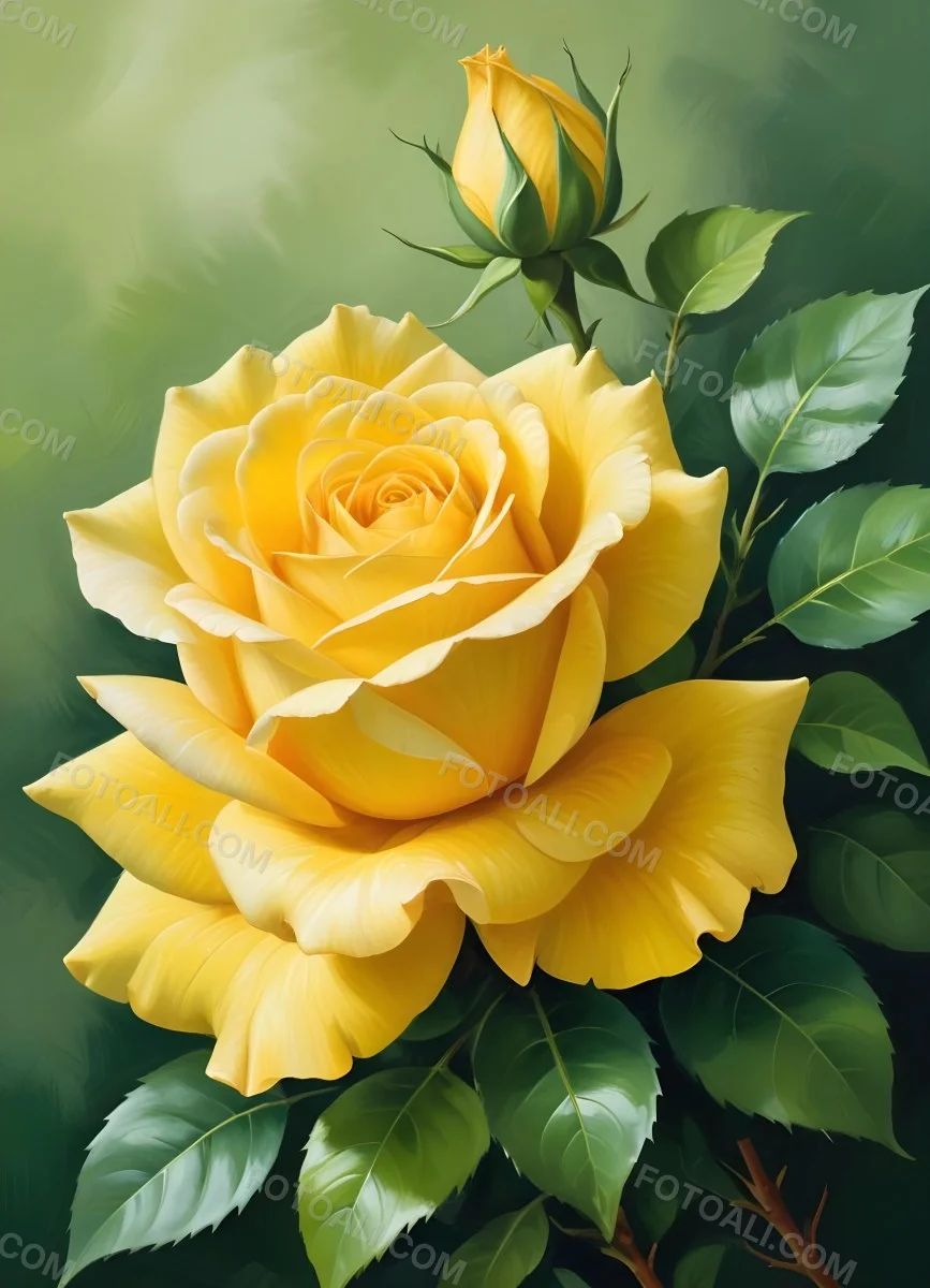 A Yellow Rose In Bloom With Green Leaves Against A Blurred Green Background 7 2f2c