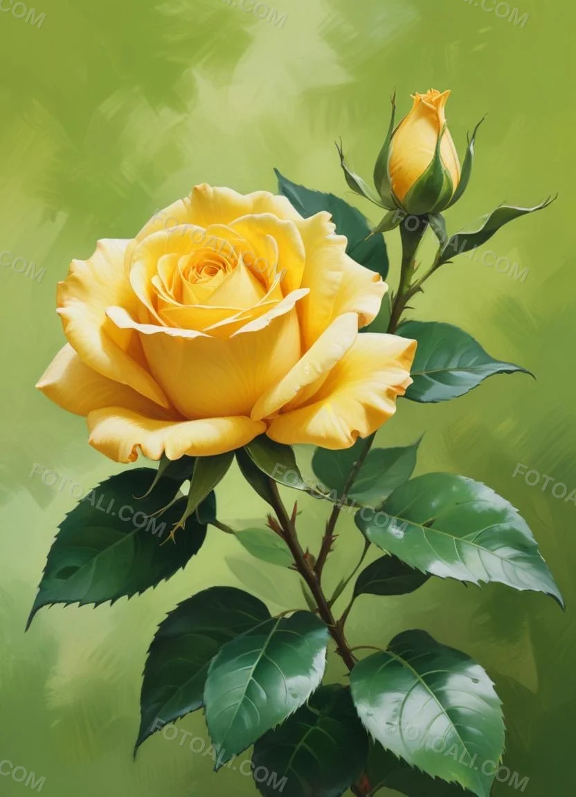 A Yellow Rose In Bloom With Green Leaves Against A Blurred Green Background 9 473a