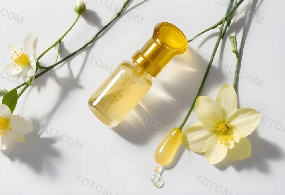 A Yellow Serum In A Glass Bottle With A White Dropper Next To Some White Flowers On A White Background 26 8fbc