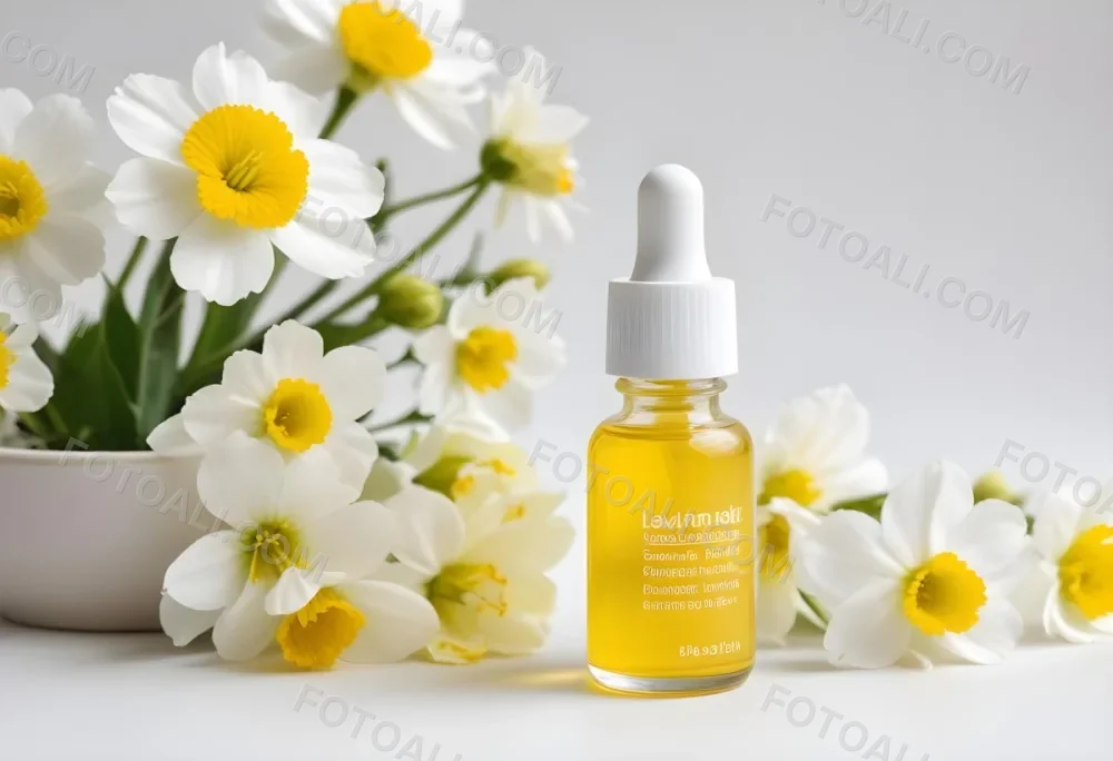 A Yellow Serum In A Glass Bottle With A White Dropper Next To Some White Flowers On A White Background 41 37b2