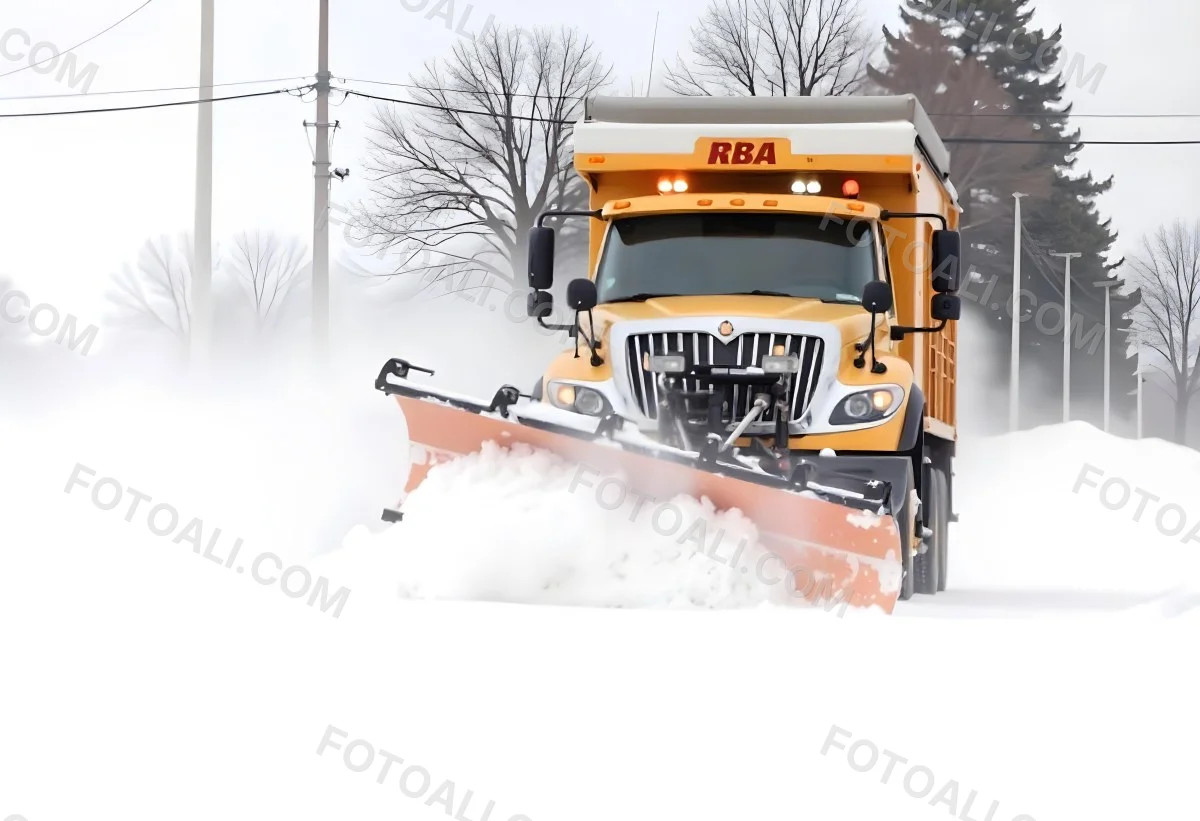 A Yellow Snowplow Truck Plowing Snow On A Road The Background Is A Snowy Landscape With Trees And Power Lines 11 6072