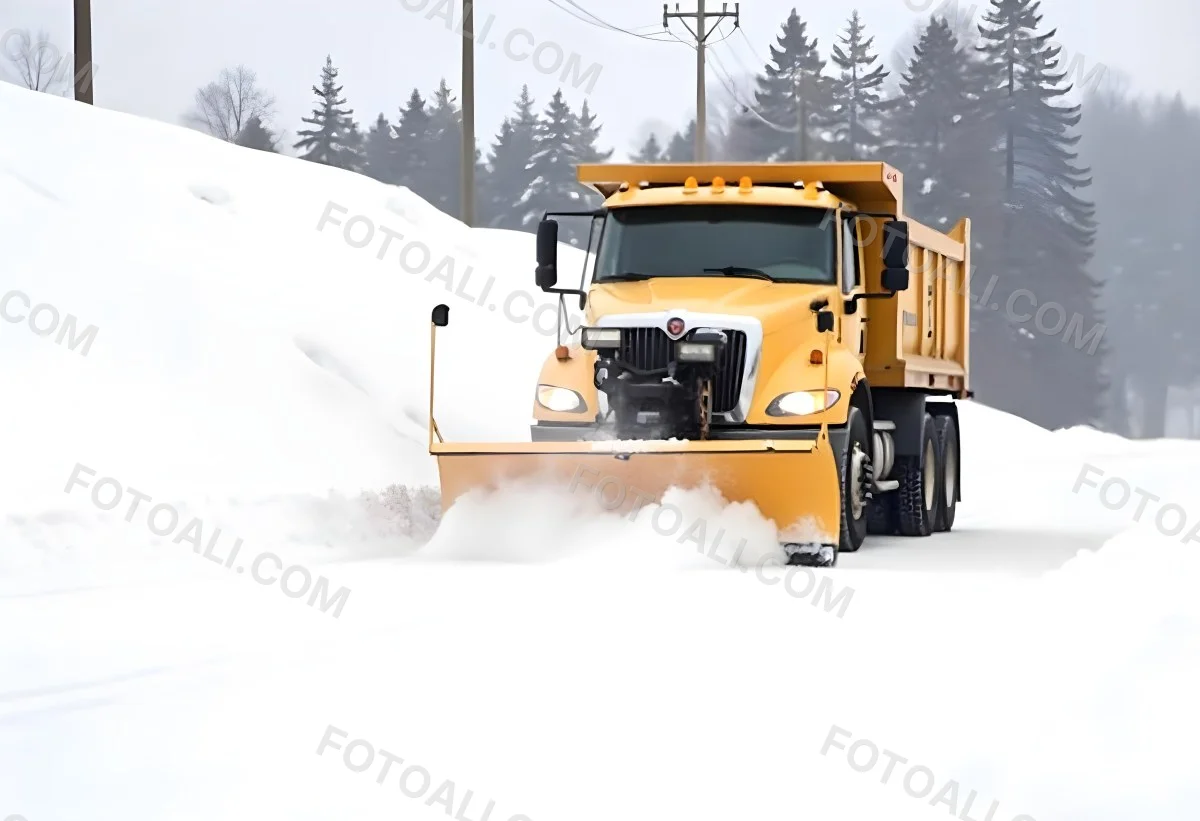 A Yellow Snowplow Truck Plowing Snow On A Road The Background Is A Snowy Landscape With Trees And Power Lines 12 Cf4f