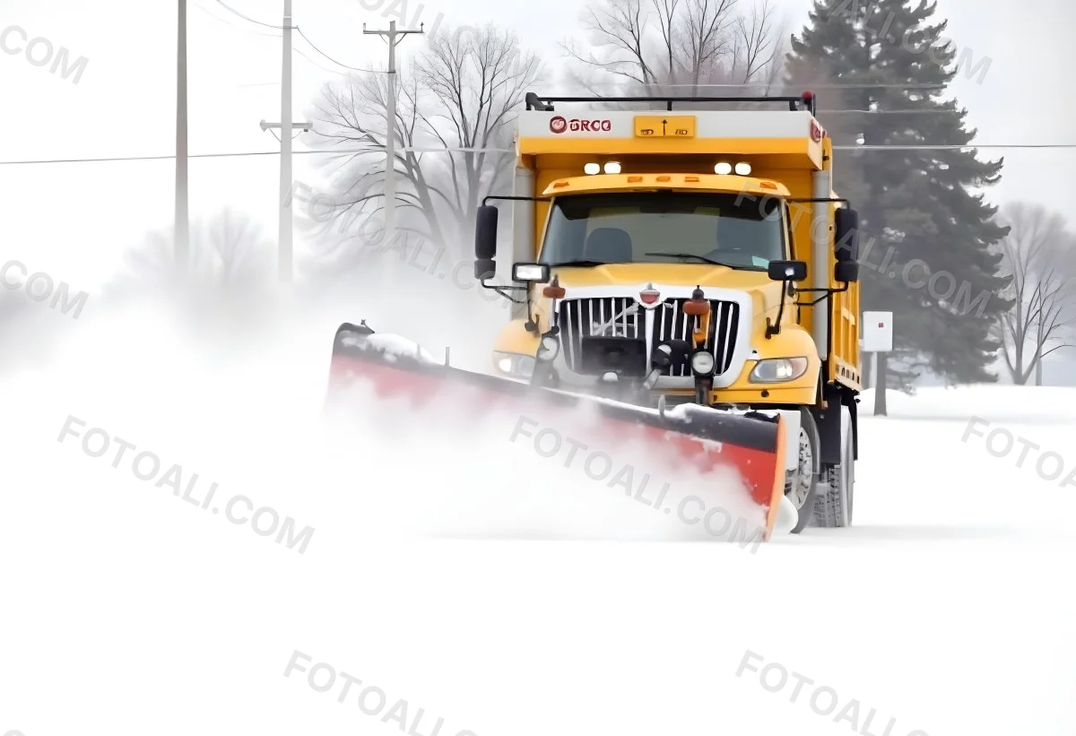 A Yellow Snowplow Truck Plowing Snow On A Road The Background Is A Snowy Landscape With Trees And Power Lines 14 067b