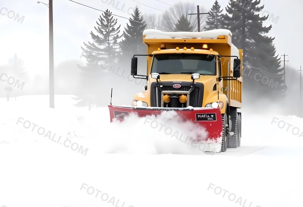 A Yellow Snowplow Truck Plowing Snow On A Road The Background Is A Snowy Landscape With Trees And Power Lines 17 Eb82