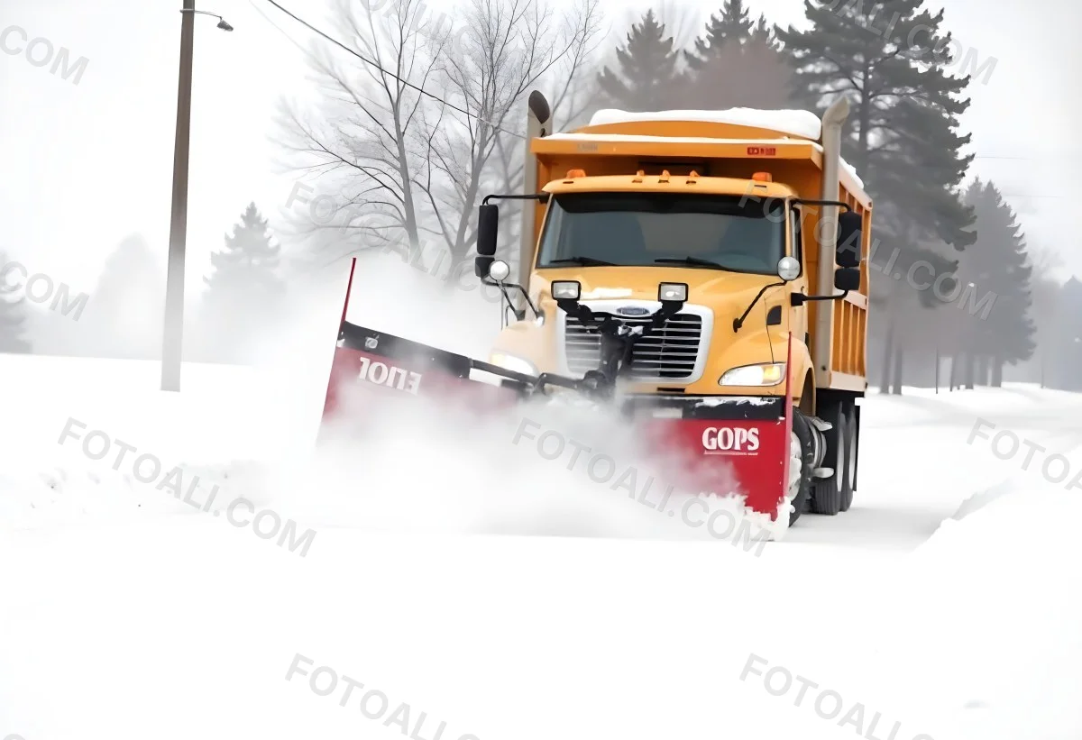 A Yellow Snowplow Truck Plowing Snow On A Road The Background Is A Snowy Landscape With Trees And Power Lines 18 6656