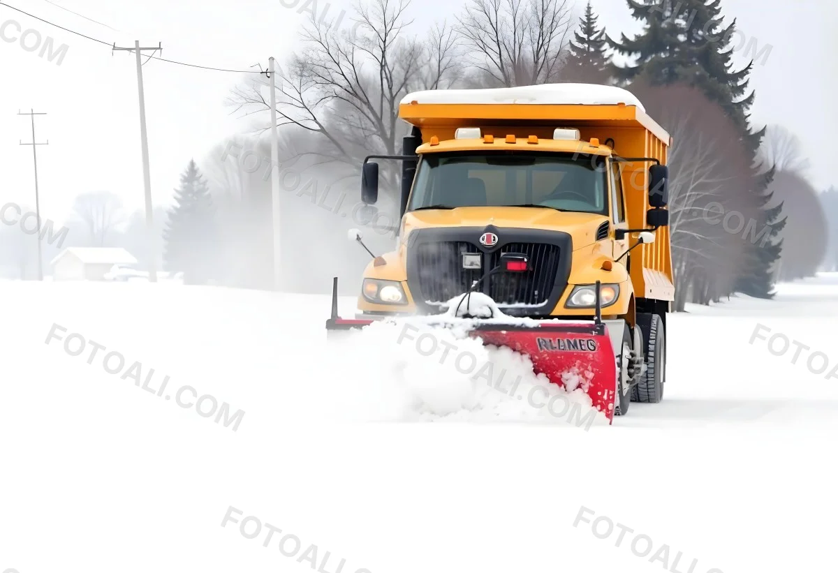 A Yellow Snowplow Truck Plowing Snow On A Road The Background Is A Snowy Landscape With Trees And Power Lines 20 6311