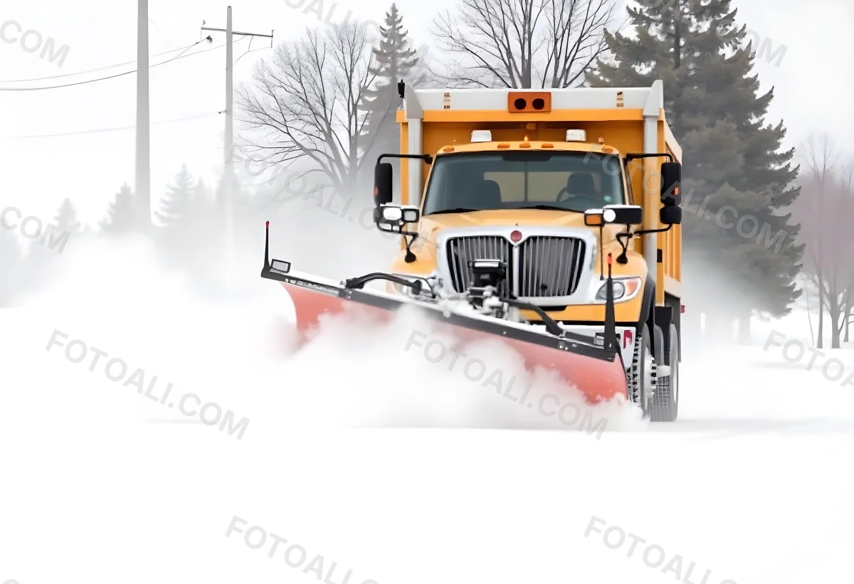 A Yellow Snowplow Truck Plowing Snow On A Road The Background Is A Snowy Landscape With Trees And Power Lines 22 Aac6