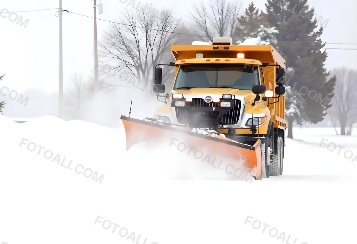 A Yellow Snowplow Truck Plowing Snow On A Road The Background Is A Snowy Landscape With Trees And Power Lines 24 5b74