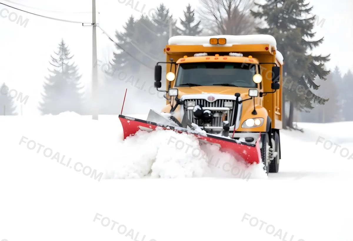 A Yellow Snowplow Truck Plowing Snow On A Road The Background Is A Snowy Landscape With Trees And Power Lines 26 D53d