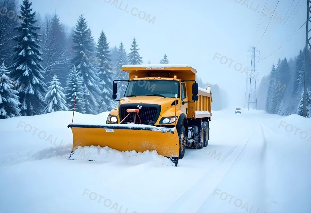 A Yellow Snowplow Truck Plowing Snow On A Road The Background Is A Snowy Landscape With Trees And Power Lines 3 1431