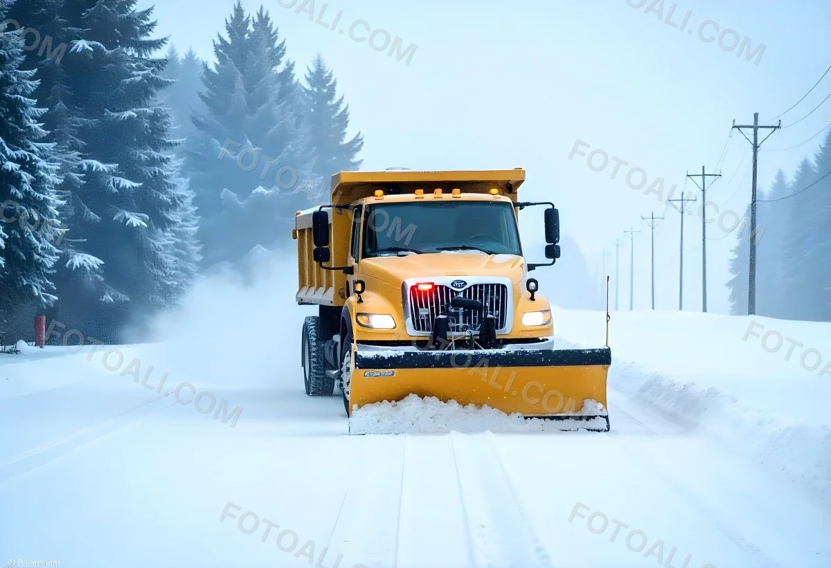 A Yellow Snowplow Truck Plowing Snow On A Road The Background Is A Snowy Landscape With Trees And Power Lines 4 2941