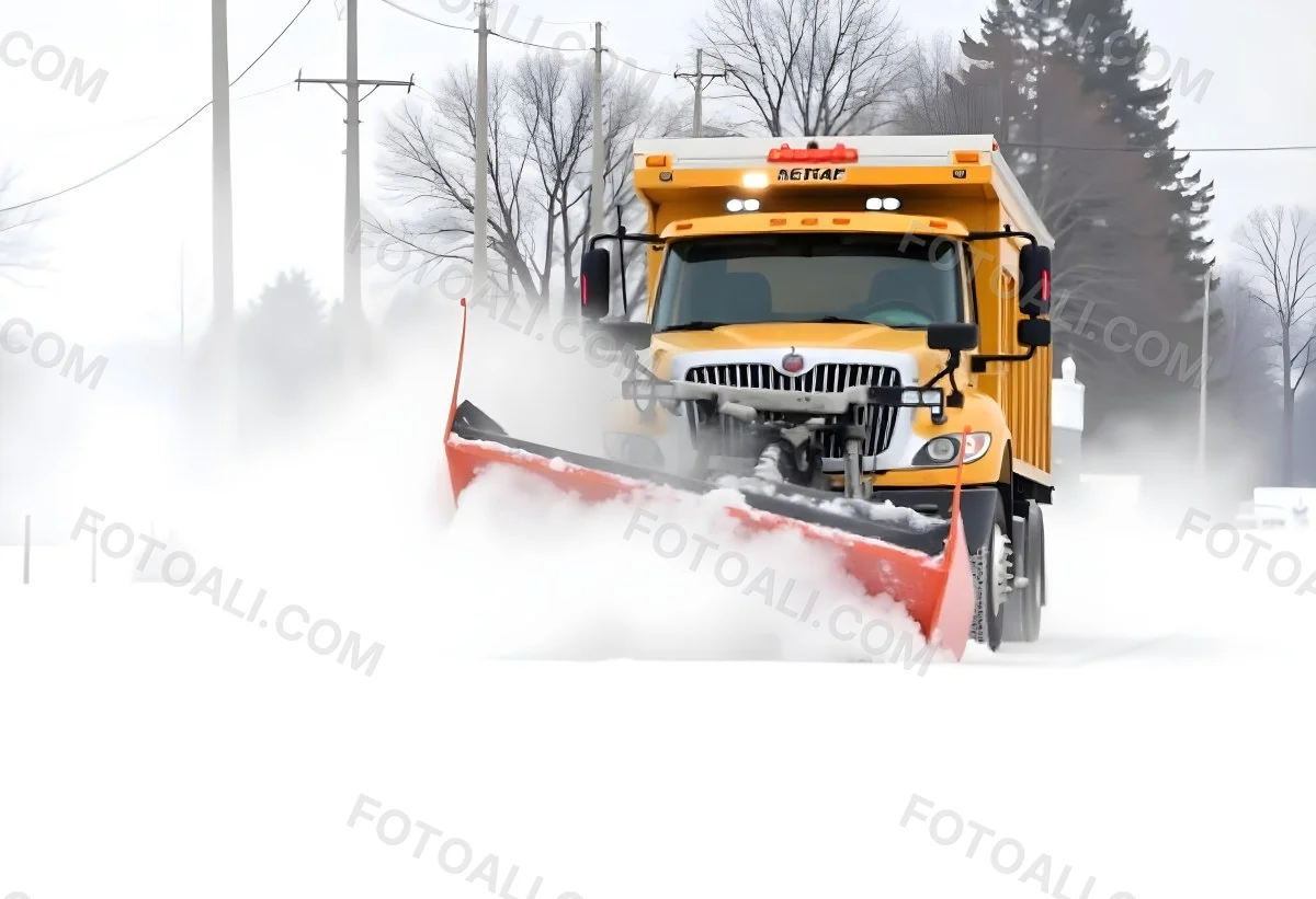 A Yellow Snowplow Truck Plowing Snow On A Road The Background Is A Snowy Landscape With Trees And Power Lines 7 356f