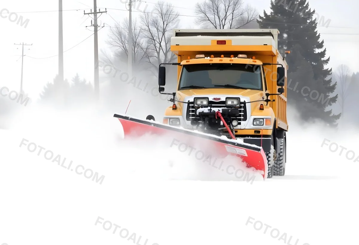 A Yellow Snowplow Truck Plowing Snow On A Road The Background Is A Snowy Landscape With Trees And Power Lines 9 724e