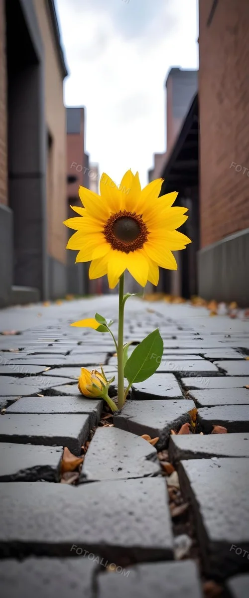 A Yellow Sunflower Growing Through Cracks In A Concrete Sidewalk With Fallen Leaves And Debris Around It The Sunflower Stands Out Against The Gray Concrete Background Symbolizing Resilience And The Ability To T 1 20dd