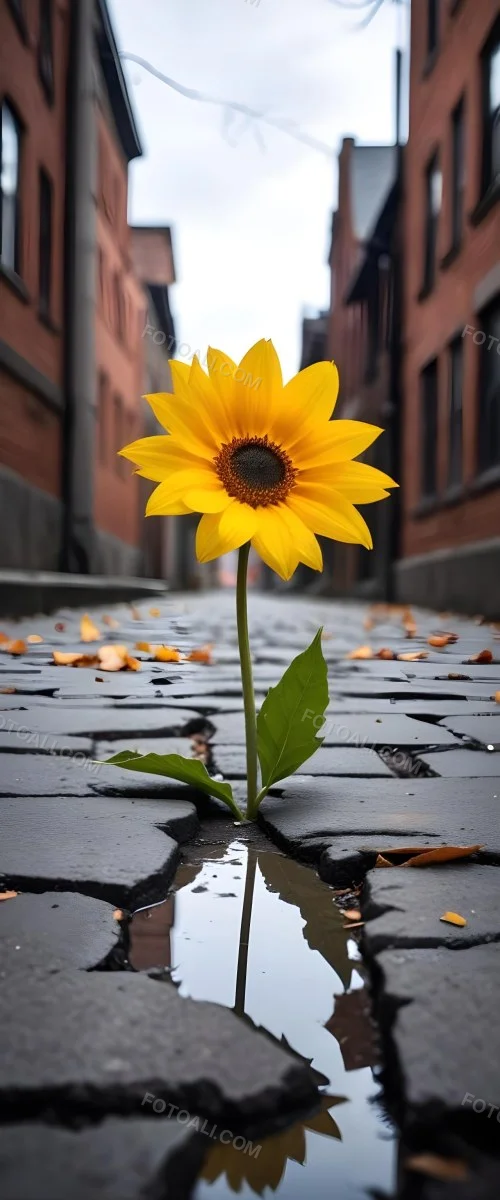 A Yellow Sunflower Growing Through Cracks In A Concrete Sidewalk With Fallen Leaves And Debris Around It The Sunflower Stands Out Against The Gray Concrete Background Symbolizing Resilience And The Ability To T 11 2507