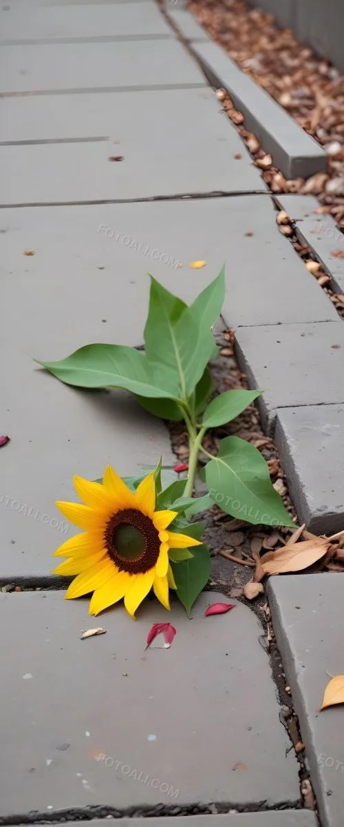 A Yellow Sunflower Growing Through Cracks In A Concrete Sidewalk With Fallen Leaves And Debris Around It The Sunflower Stands Out Against The Gray Concrete Background Symbolizing Resilience And The Ability To T 22 79cf