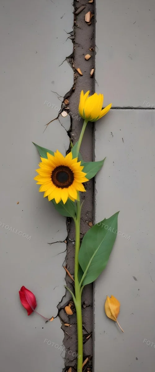 A Yellow Sunflower Growing Through Cracks In A Concrete Sidewalk With Fallen Leaves And Debris Around It The Sunflower Stands Out Against The Gray Concrete Background Symbolizing Resilience And The Ability To T 23 C140