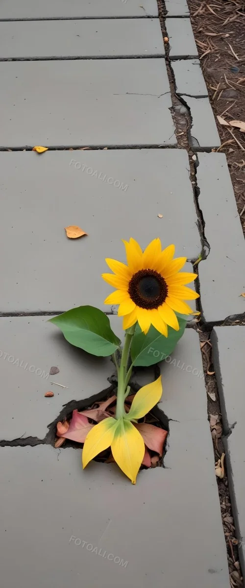 A Yellow Sunflower Growing Through Cracks In A Concrete Sidewalk With Fallen Leaves And Debris Around It The Sunflower Stands Out Against The Gray Concrete Background Symbolizing Resilience And The Ability To T 24 5d61