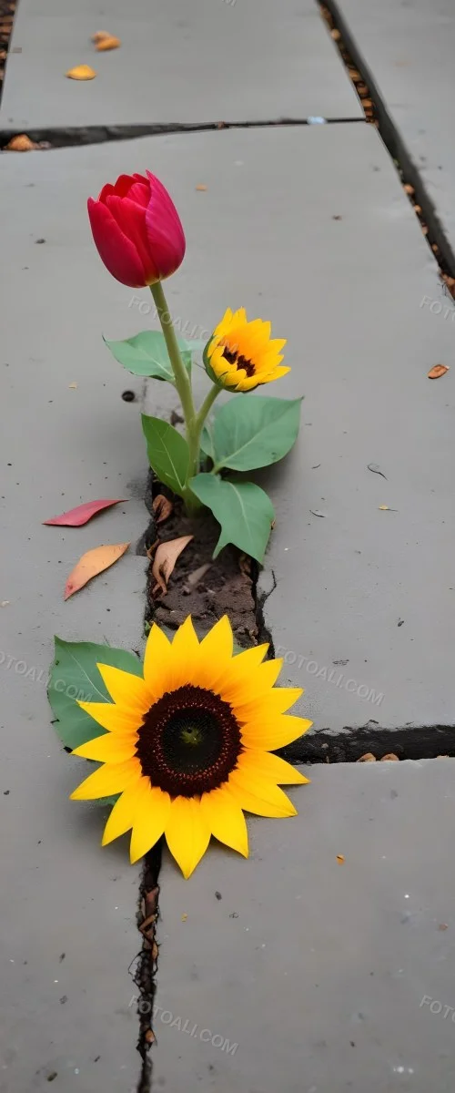 A Yellow Sunflower Growing Through Cracks In A Concrete Sidewalk With Fallen Leaves And Debris Around It The Sunflower Stands Out Against The Gray Concrete Background Symbolizing Resilience And The Ability To T 27 6536