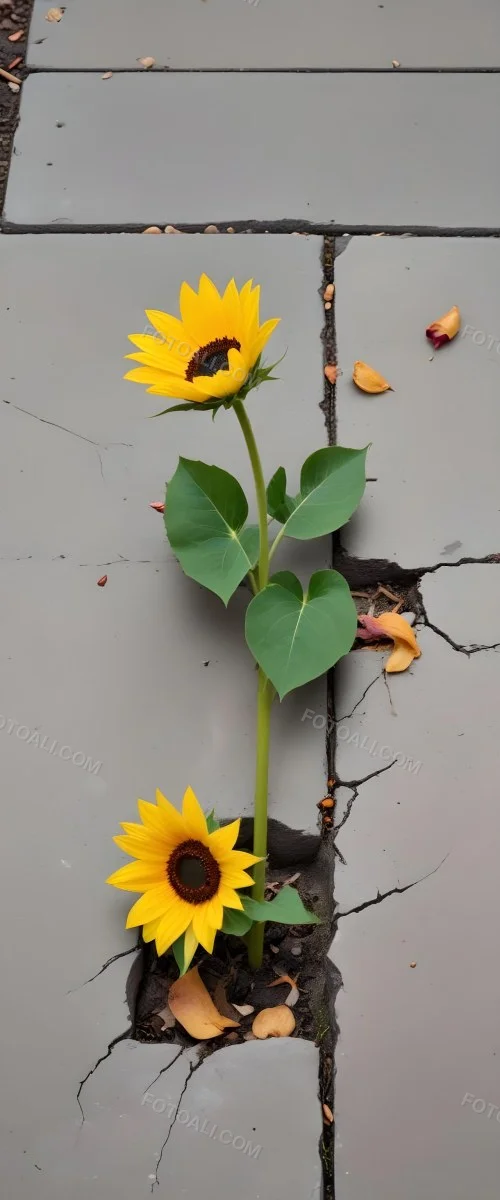 A Yellow Sunflower Growing Through Cracks In A Concrete Sidewalk With Fallen Leaves And Debris Around It The Sunflower Stands Out Against The Gray Concrete Background Symbolizing Resilience And The Ability To T 28 9dd1