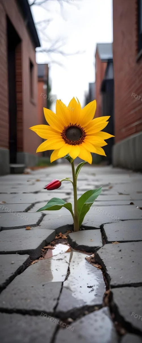 A Yellow Sunflower Growing Through Cracks In A Concrete Sidewalk With Fallen Leaves And Debris Around It The Sunflower Stands Out Against The Gray Concrete Background Symbolizing Resilience And The Ability To T 29 E87e