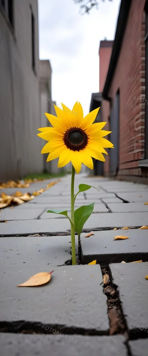 A Yellow Sunflower Growing Through Cracks In A Concrete Sidewalk With Fallen Leaves And Debris Around It The Sunflower Stands Out Against The Gray Concrete Background Symbolizing Resilience And The Ability To T 35 Ce9b