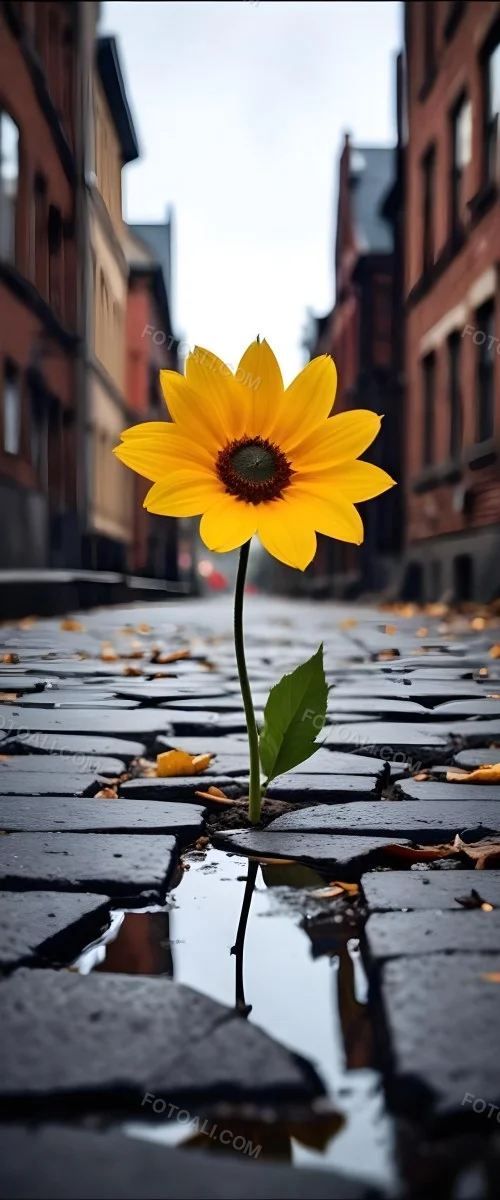 A Yellow Sunflower Growing Through Cracks In A Concrete Sidewalk With Fallen Leaves And Debris Around It The Sunflower Stands Out Against The Gray Concrete Background Symbolizing Resilience And The Ability To T 38 8911