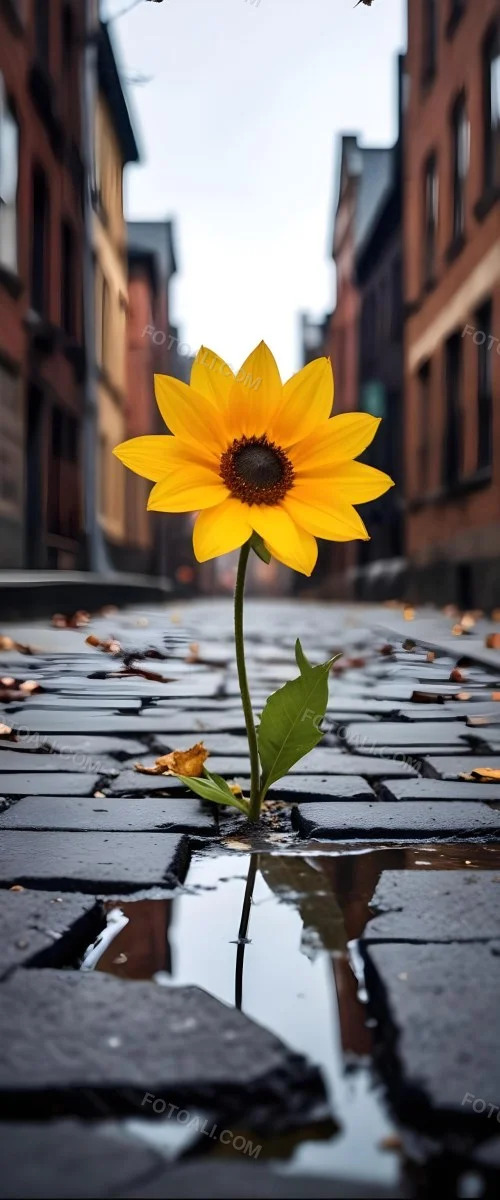 A Yellow Sunflower Growing Through Cracks In A Concrete Sidewalk With Fallen Leaves And Debris Around It The Sunflower Stands Out Against The Gray Concrete Background Symbolizing Resilience And The Ability To T 5 2281