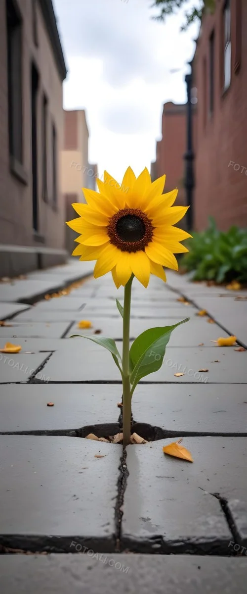 A Yellow Sunflower Growing Through Cracks In A Concrete Sidewalk With Fallen Leaves And Debris Around It The Sunflower Stands Out Against The Gray Concrete Background Symbolizing Resilience And The Ability To T 7 Ec1d