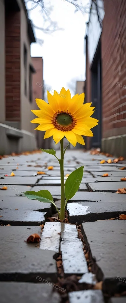 A Yellow Sunflower Growing Through Cracks In A Concrete Sidewalk With Fallen Leaves And Debris Around It The Sunflower Stands Out Against The Gray Concrete Background Symbolizing Resilience And The Ability To T 8 678f