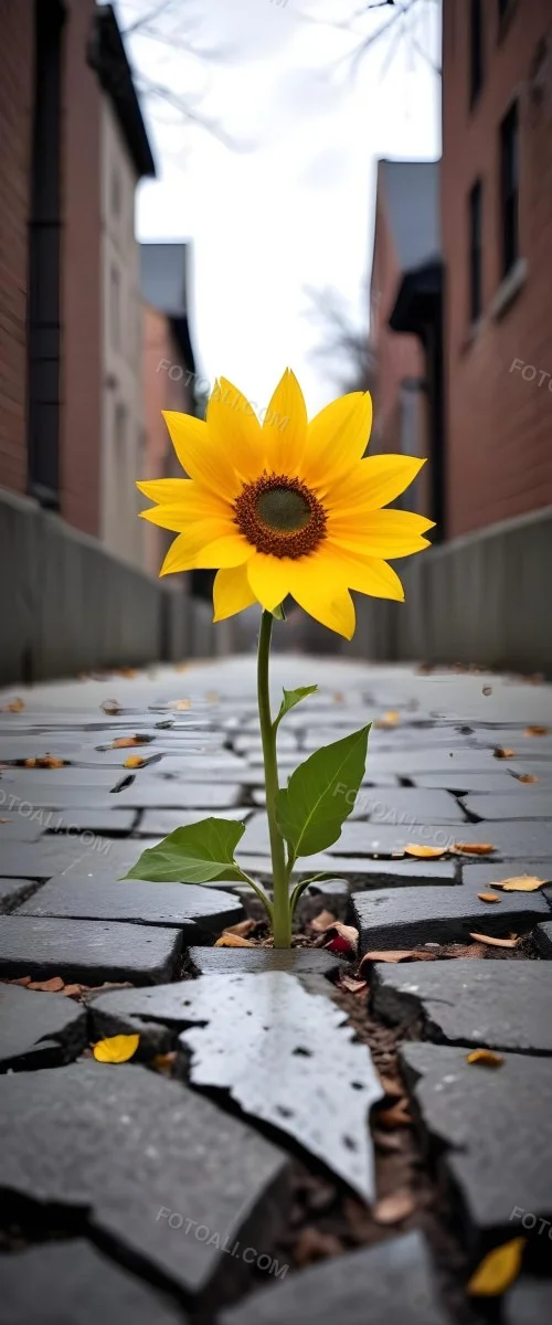 A Yellow Sunflower Growing Through Cracks In A Concrete Sidewalk With Fallen Leaves And Debris Around It The Sunflower Stands Out Against The Gray Concrete Background Symbolizing Resilience And The Ability To T 9 0b9a