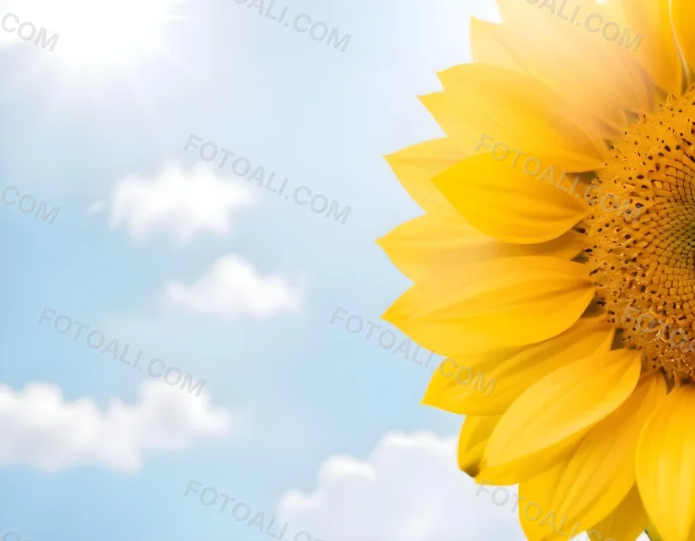A Yellow Sunflower With A White Center On A White Background With White Clouds And Bokeh Effect Bright Light Close Up 17 327d