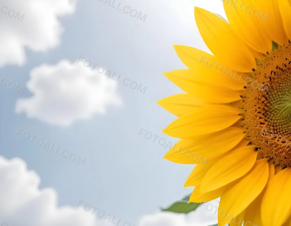 A Yellow Sunflower With A White Center On A White Background With White Clouds And Bokeh Effect Bright Light Close Up 6 18a8