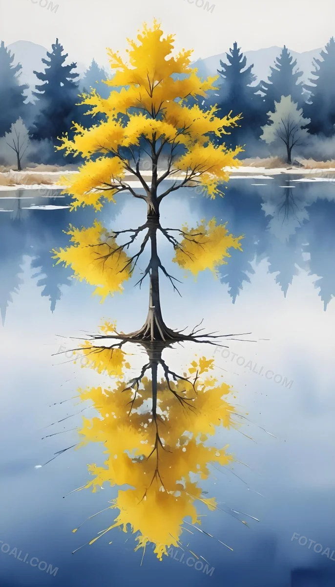 A Yellow Tree In The Middle Of A Lake With A Reflection On The Water Clear Blue Sky In The Background 13 3abe
