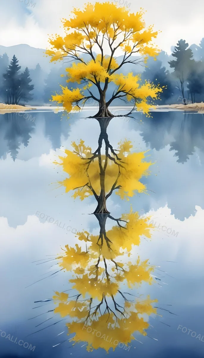A Yellow Tree In The Middle Of A Lake With A Reflection On The Water Clear Blue Sky In The Background 17 B531