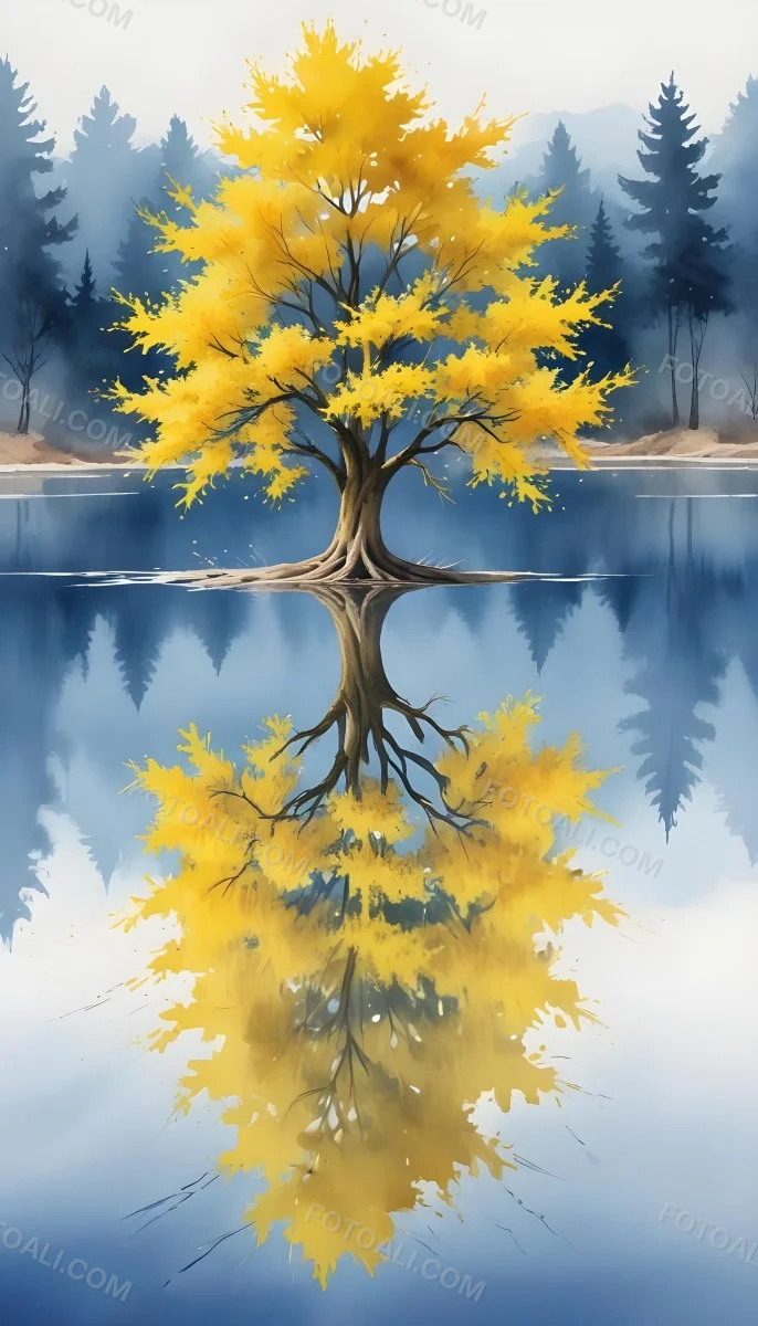 A Yellow Tree In The Middle Of A Lake With A Reflection On The Water Clear Blue Sky In The Background 18 Ac8c