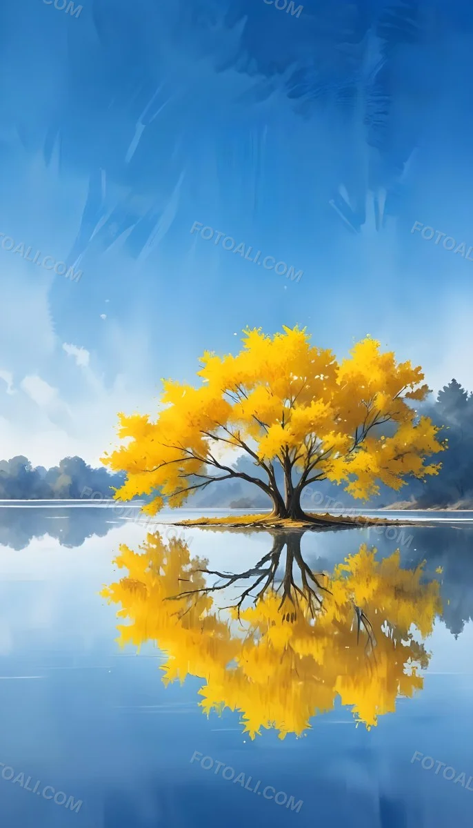 A Yellow Tree In The Middle Of A Lake With A Reflection On The Water Clear Blue Sky In The Background 20 Dc3b