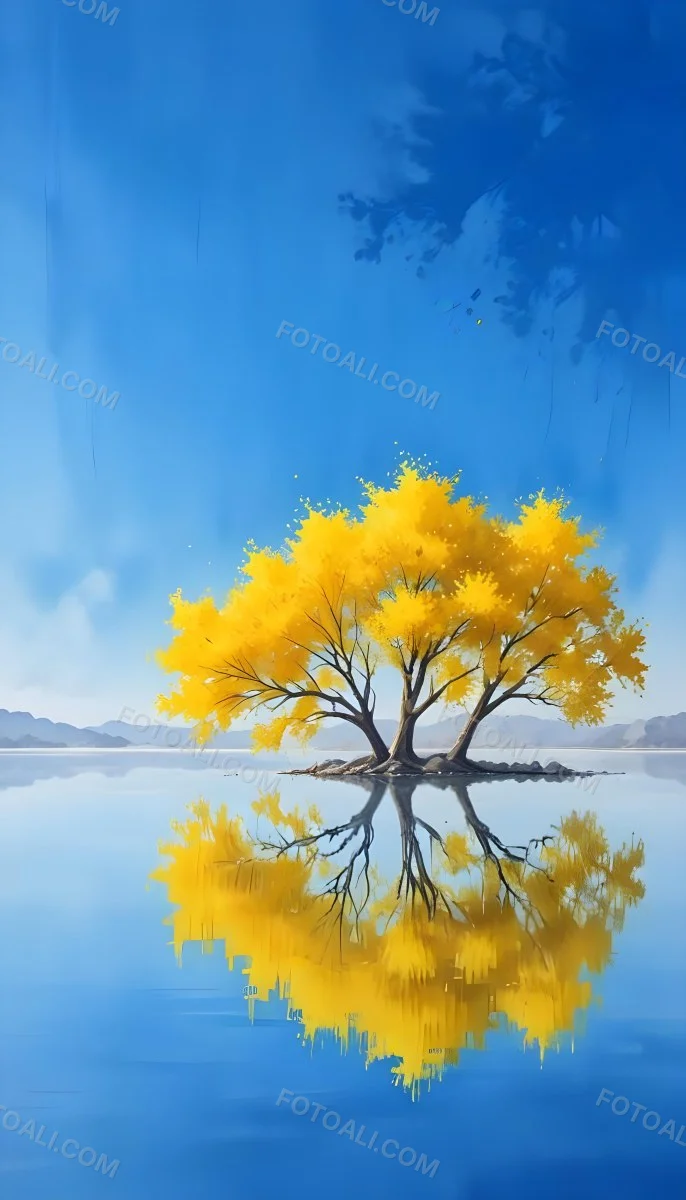 A Yellow Tree In The Middle Of A Lake With A Reflection On The Water Clear Blue Sky In The Background 22 1965