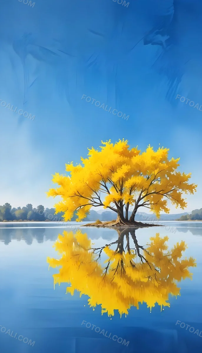 A Yellow Tree In The Middle Of A Lake With A Reflection On The Water Clear Blue Sky In The Background 24 3e52