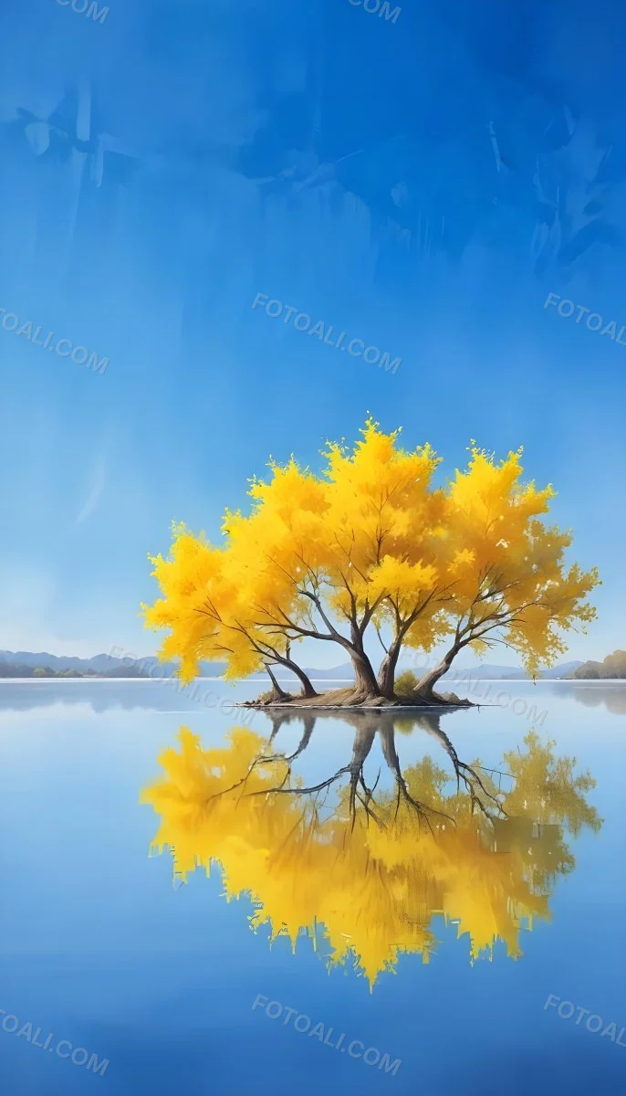 A Yellow Tree In The Middle Of A Lake With A Reflection On The Water Clear Blue Sky In The Background 28 52ab