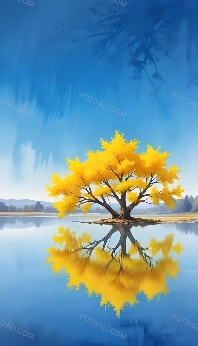 A Yellow Tree In The Middle Of A Lake With A Reflection On The Water Clear Blue Sky In The Background 31 D4e5