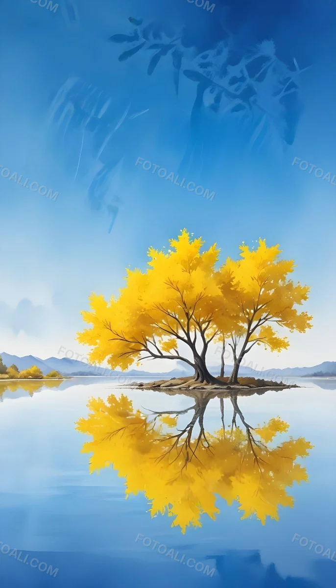 A Yellow Tree In The Middle Of A Lake With A Reflection On The Water Clear Blue Sky In The Background 32 4cb2