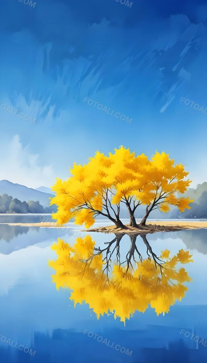 A Yellow Tree In The Middle Of A Lake With A Reflection On The Water Clear Blue Sky In The Background 35 C436