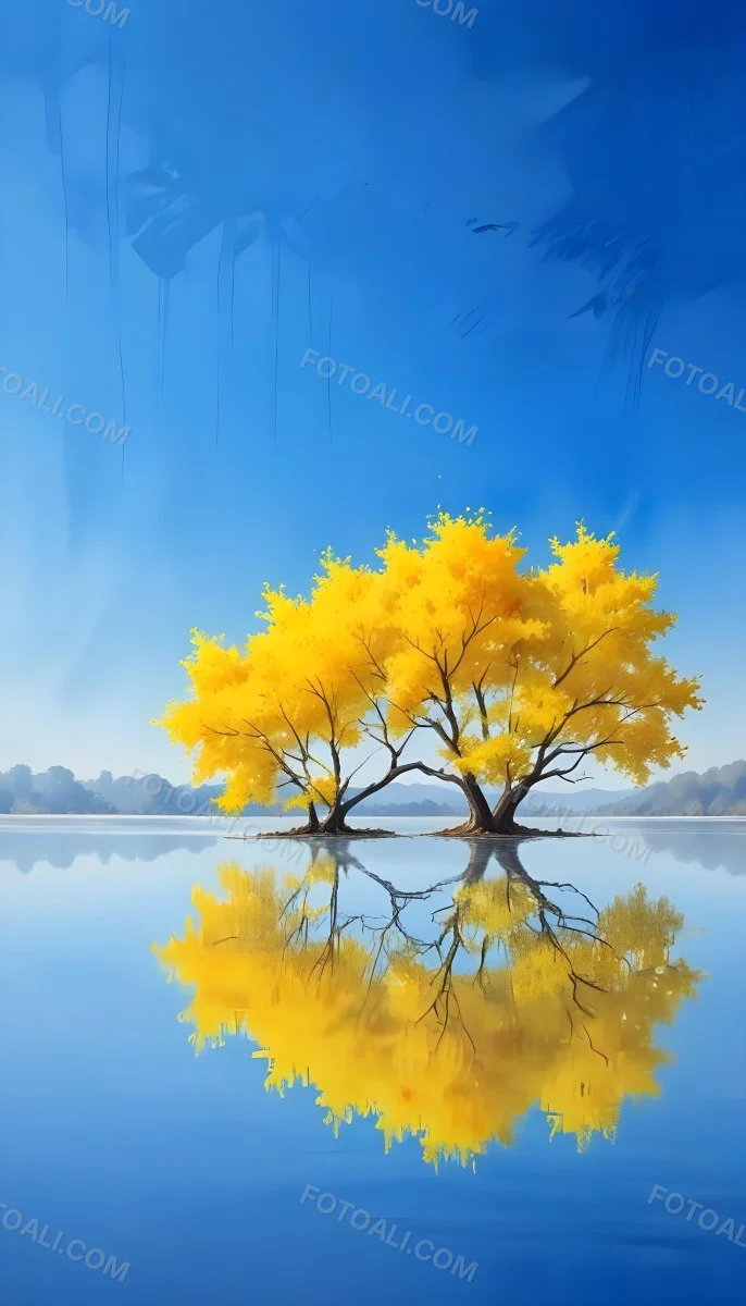 A Yellow Tree In The Middle Of A Lake With A Reflection On The Water Clear Blue Sky In The Background 38 Bae9