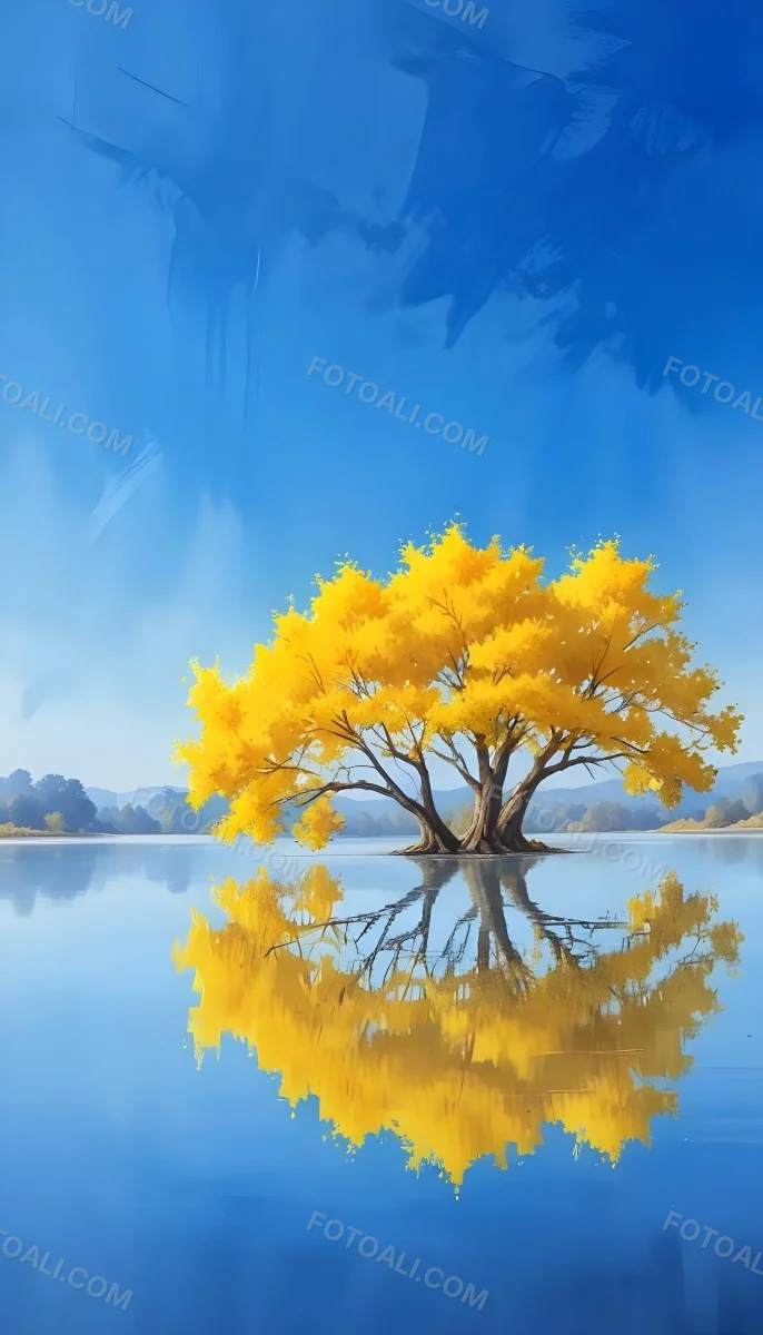 A Yellow Tree In The Middle Of A Lake With A Reflection On The Water Clear Blue Sky In The Background 39 B2ab