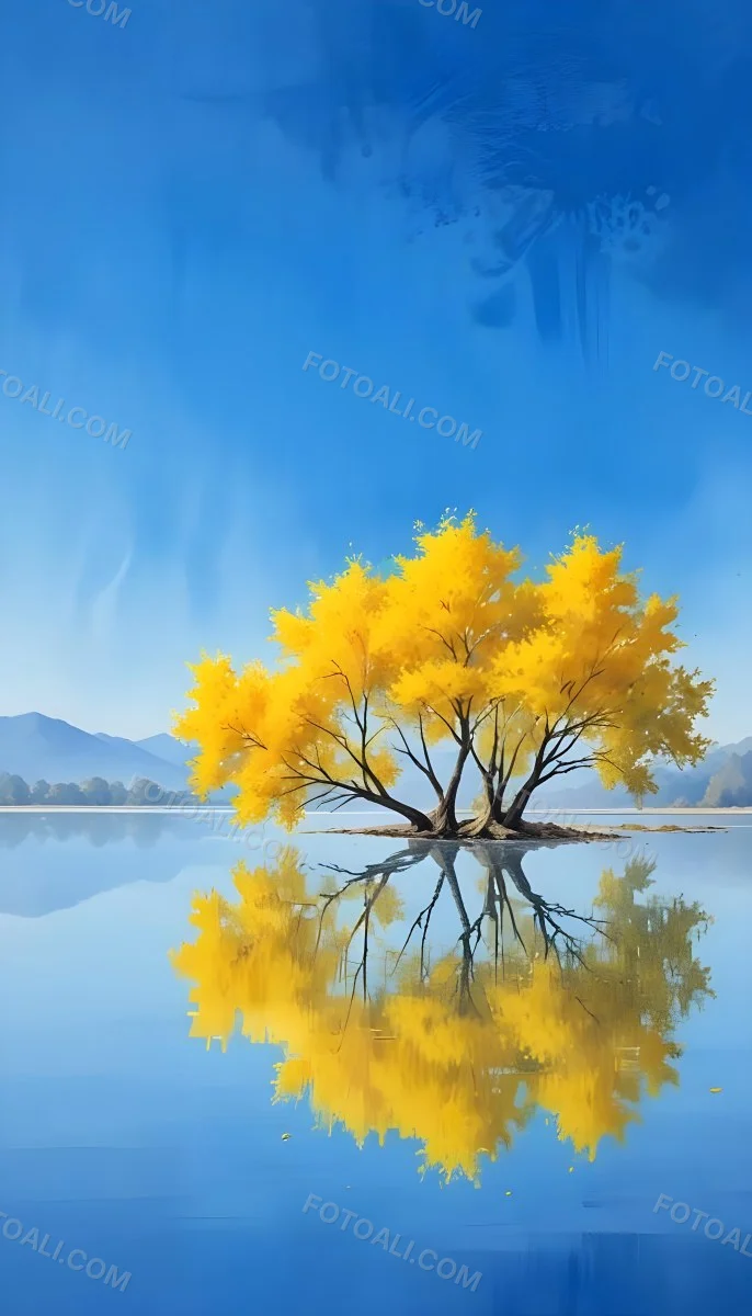 A Yellow Tree In The Middle Of A Lake With A Reflection On The Water Clear Blue Sky In The Background 4 5d81